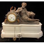 A 19th century French spelter and Carrara marble figural mantel clock, 45.5cm wide