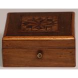 A Continental walnut and parquetry rectangular pocket watch box, hinged cover enclosing a sprung
