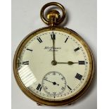 A 9ct gold open face pocket watch, white enamel dial, Roman numerals, subsidiary seconds dial with