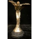 A replica Rolls Royce Spirit of Ecstasy cast metal sculpture, hexagonal composite stone base, 40cm