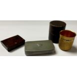 A whisky measure, Only a Thimble Full, cased; a pewter snuff box, ERII 1953; a Bakelite vesta (3)