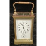 A lacquered brass five glass carriage clock, white enamel dial, Roman numerals, subsidiary seconds