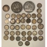 Coins - GB - Queen Victoria crown, 1895; another, 1899; other pre-1920 silver coins; 117g