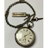 A silver pocket watch, white enamel dial, Roman numerals, subsidiary seconds dial, key wind,
