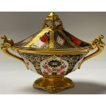 A Royal Crown Derby Imari palette 1128 pattern two handled pedestal vase and cover, solid gold band,