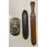 A Victorian papier-mâché cheroot case; a spectacle case; a treen page turner (3)