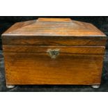 A Victorian rosewood sarcophagus tea caddy, hinged cover enclosing a pair of lidded compartments,
