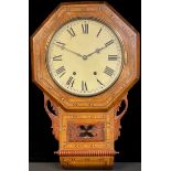 A late 19th century walnut and parquetry drop dial wall clock, 72cm high, 44cm wide