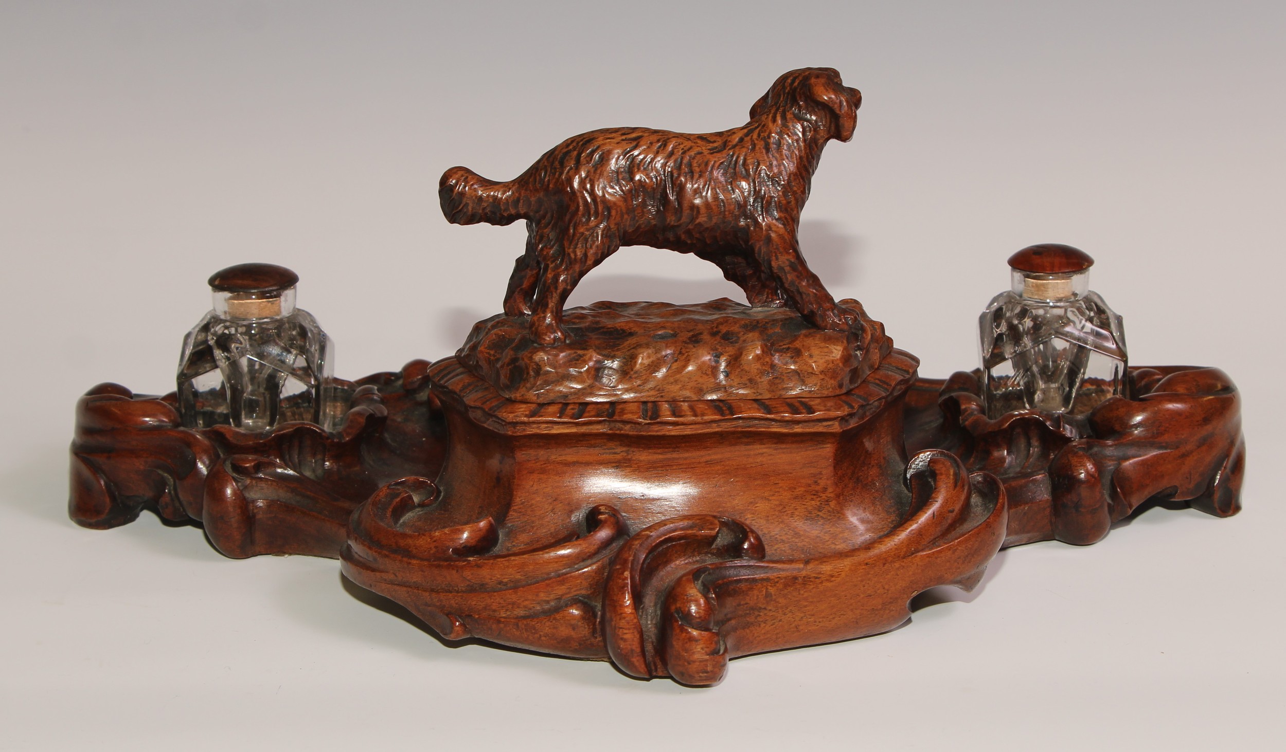 A 19th century walnut desk stand, carved in the Black Forest manner, the central compartment - Image 6 of 6