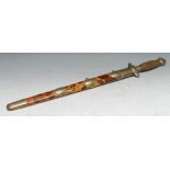 A Chinese jian sword, 42.5cm blade, fluted wooden grip, tortoiseshell scabbard, chased brass mounts,