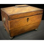 A Regency mahogany sarcophagus tea caddy, pair of lion mask loop handles, pair of covers, lined