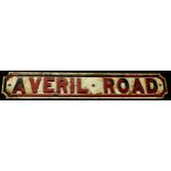 Street Reclamation & Salvage - a shaped rectangular cast iron street sign, 'AVERIL ROAD', raised