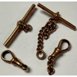 A 9ct rose gold T-bar; another; two 9ct rose gold Albert chain clasps, all marked 375, 10.6g (4)