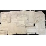 Textiles - lace edged linen and cotton cloths, table cloths, covers, some embroidered in white,