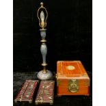 A Chinese brass mounted jewellery box, hinged cover, fold out mirror, the fitted interior drawer