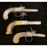 The major parts of two flintlock pocket pistols; a percussion pocket pistol in similar condition (3)