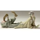 A Lladro model, clown resting with a ball at his feet, 37cm wide, printed mark in blue, c.1971-1974