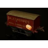 A Hornby O Gauge tinplate Palethorpes van, maroon body with grey roof, 'PALETHORPES, ROYAL