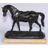 A 19th century patinated spelter library model, of a horse, rectangular marble base, 21.5cm long