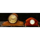 An Edwardian mahogany and marquetry mantel clock, c.1905; an Art Deco period oak Napoleon hat mantel