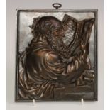 A 19th century brown patinated bronze plaque, cast after the Old Master with St Jerome reading, 19cm