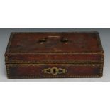 A 19th century French leather box, brass-studded borders, hinged cover with swan neck handle, 28cm