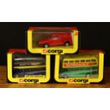 Corgi Toys 469 Routemaster bus, green and yellow body, 'Buy before you fly' decals, window boxed;