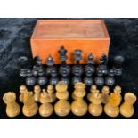 A boxwood and ebonised Staunton pattern chess set, weighted bases, the Kings 7.5cm high