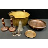 A brass jam pan; an oak pedestal comport; two oak candlesticks; pewter; etc