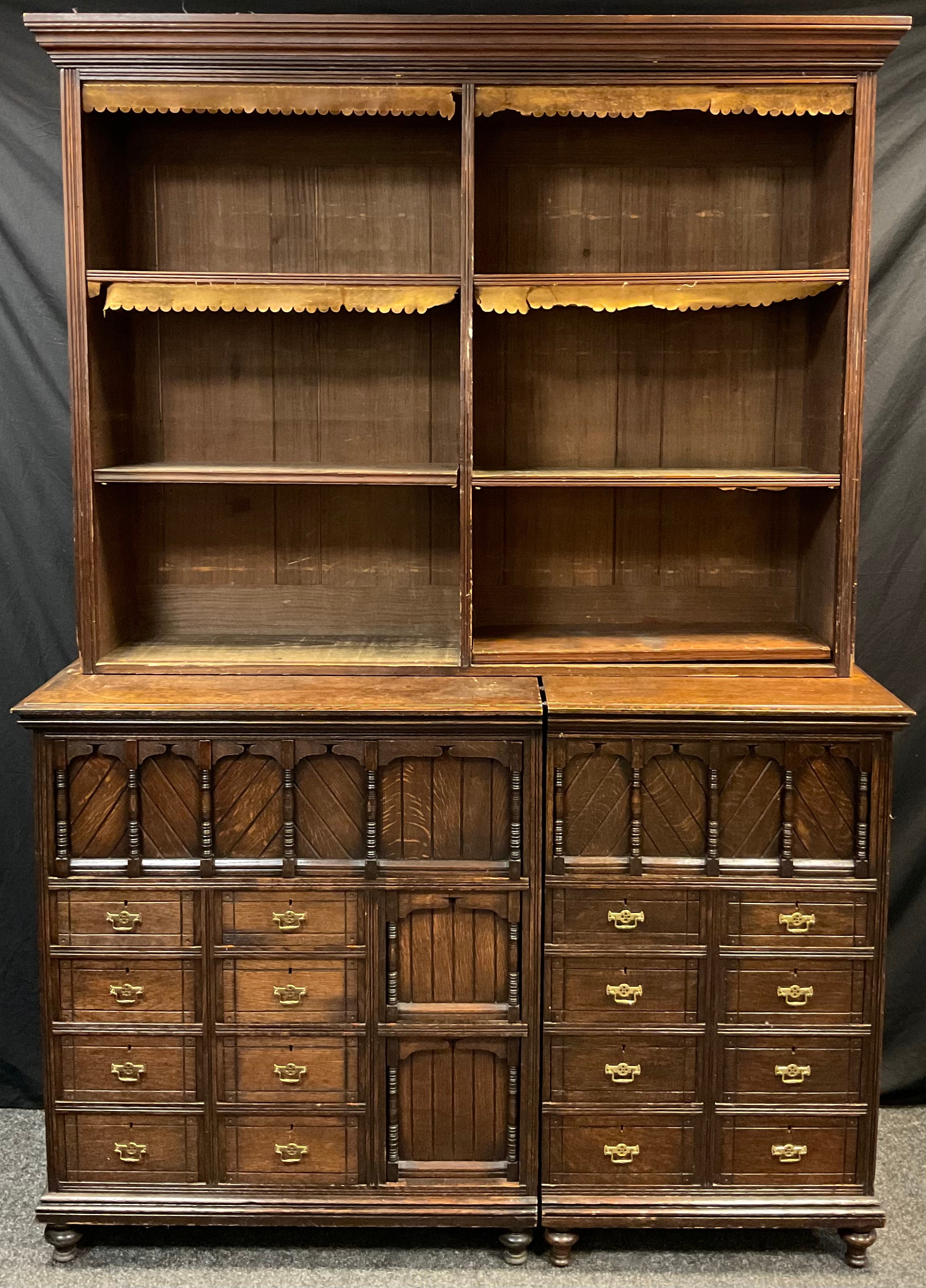 A Victorian oak Secretaire bookcase cabinet, three tier bookcase top, with moulded cornice, over a
