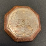 A 19th century oak Tam O'shanter snuff box, the octagonal body with silver plated revolving front,