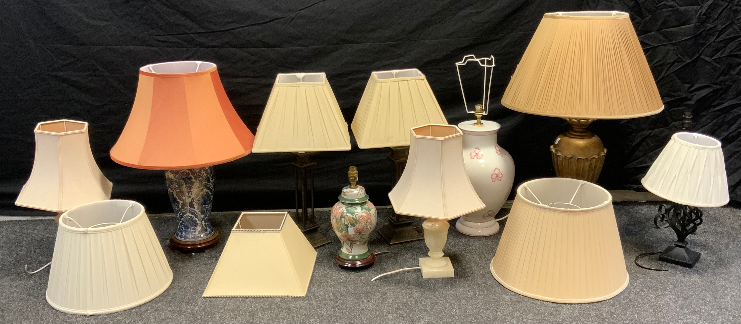 A pair of bronzed metal table lamps, tapering shades; others alabaster etc assorted sizes (10)