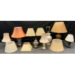 A pair of bronzed metal table lamps, tapering shades; others alabaster etc assorted sizes (10)