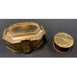A 19th century brass canted rectangular spice box, with double hinged covers, 9.5cm wide, c.1860;