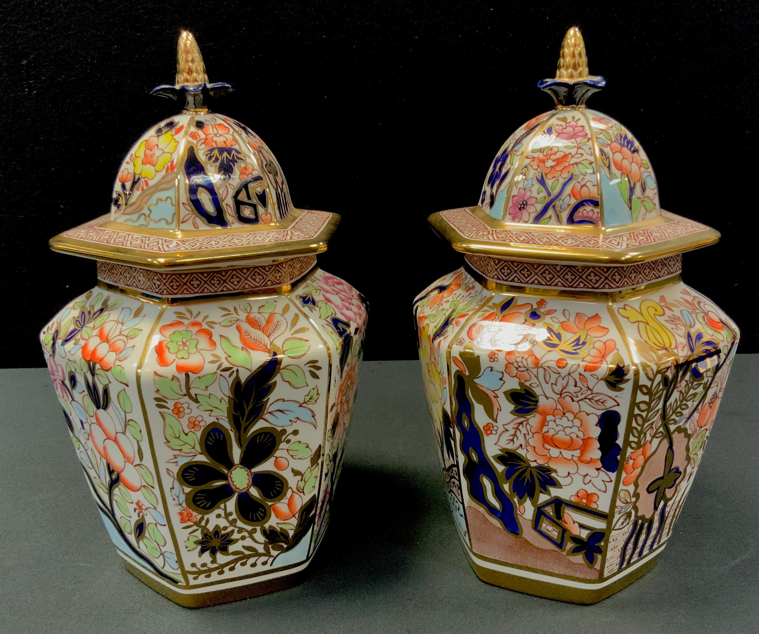 A pair of Masons Orange Siam limited edition temple jars and covers, 24cm high, edition of 2000