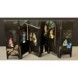 A Japanese lacquered six panel table screen, scribes and minstrels in contemplation, the reverse,