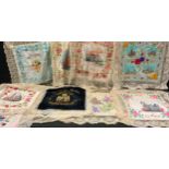 Military World War I interest - souvenirs of France lace edged embroidered and painted panels,