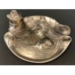 An early 20th century Art Nouveau inkstand, After N Vidal, cast water nymph and reeds, beneath a