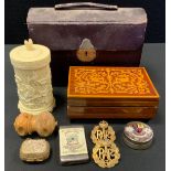 A leather travelling letter rack writing box, fitted interior; Coquilla nut carved spice box;