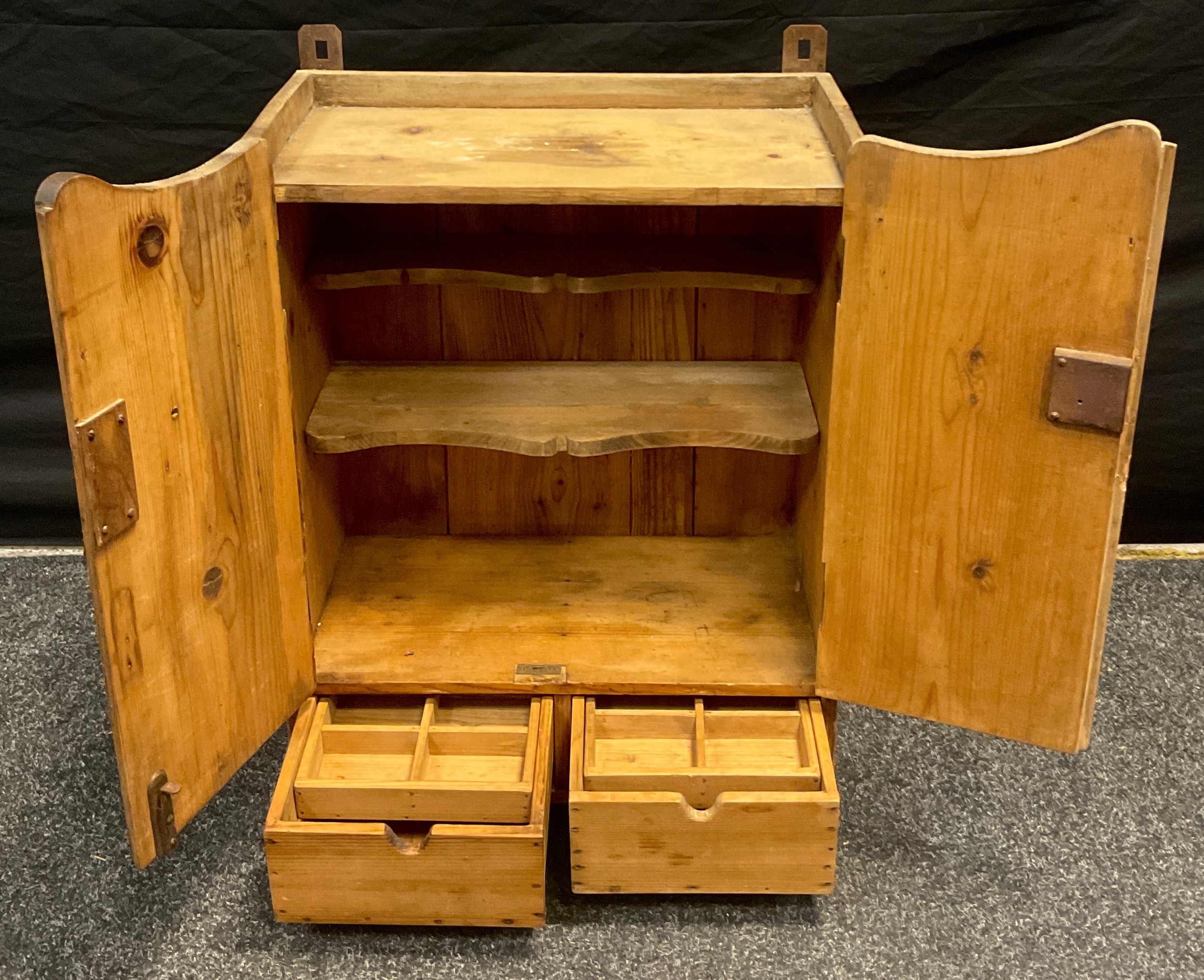 A pitch pine parlour or kitchen spice cupboard, the shaped doors enclosing two shelves above a - Image 2 of 3