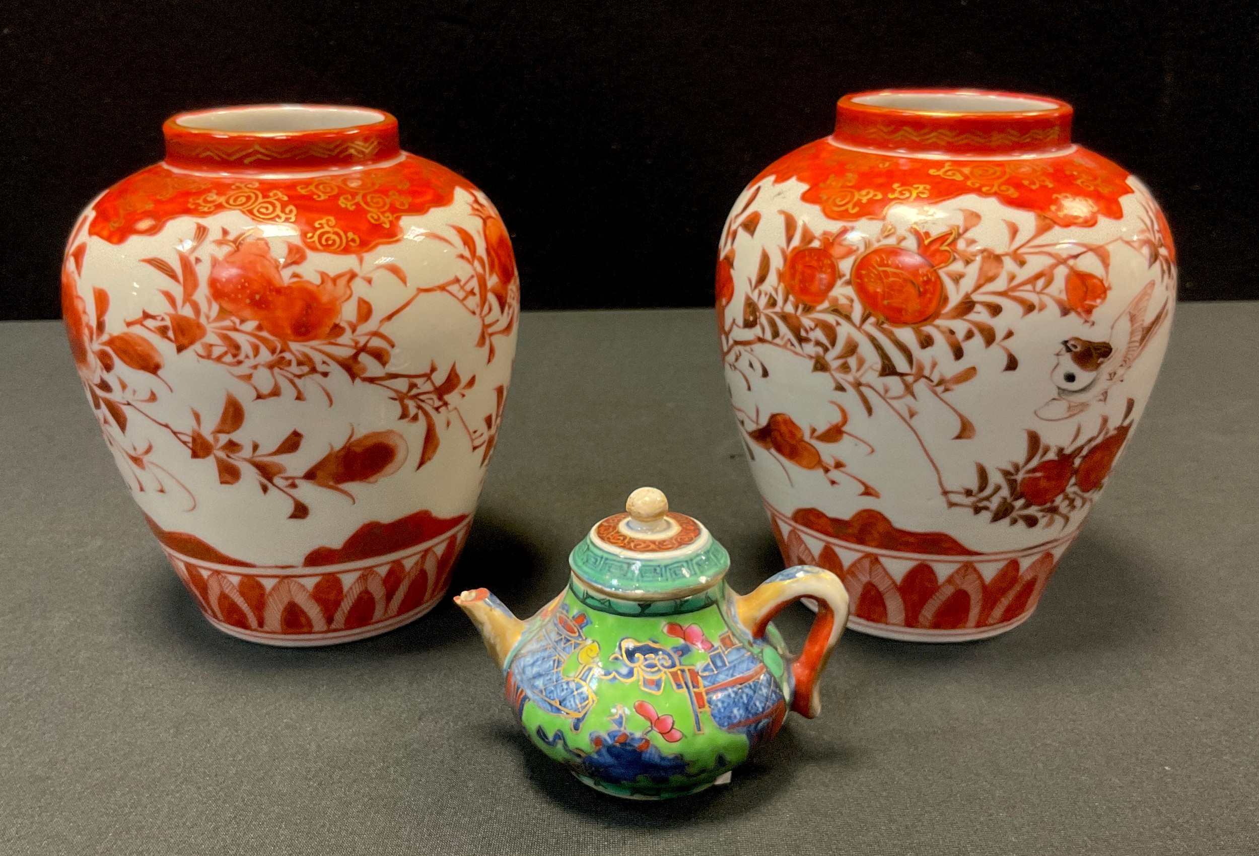 A miniature Chinese famille vert teapot, 6cm high; pair of Japanese Kutani vases, painted with birds