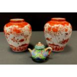 A miniature Chinese famille vert teapot, 6cm high; pair of Japanese Kutani vases, painted with birds