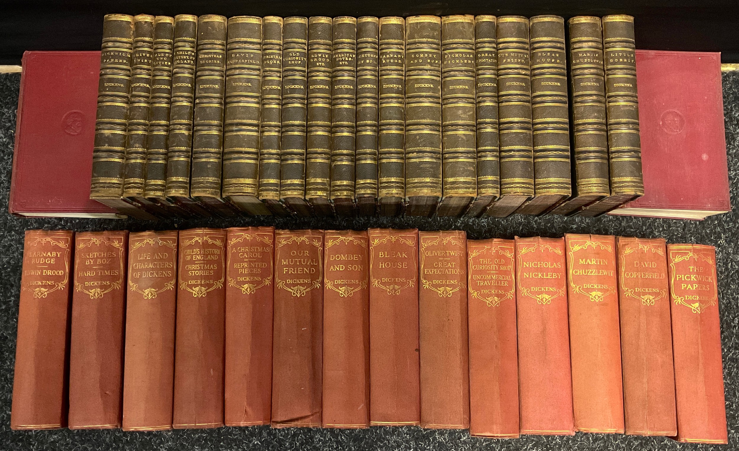 Antiquarian Books - Charles Dickens, set of nineteen leather bound volumes, A Tale of Two Cities,
