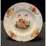 A 19th century pearlware commemorative nursery plate, printed and painted with a figure and an angel