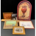 Geo Blunt Balloon Flight wooden panel; Bell's Scotch Whisky bottle, full, 50cl; another; others,