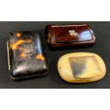 A 19th century tortoiseshell silver mounted evening purse, 6.6cm x 4.5cm x 2.0cm; horn snuff box etc