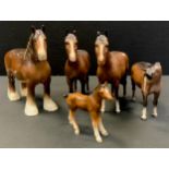 A Beswick model Mare Horse, facing right, others, Shire, etc, all brown gloss (4); another foal