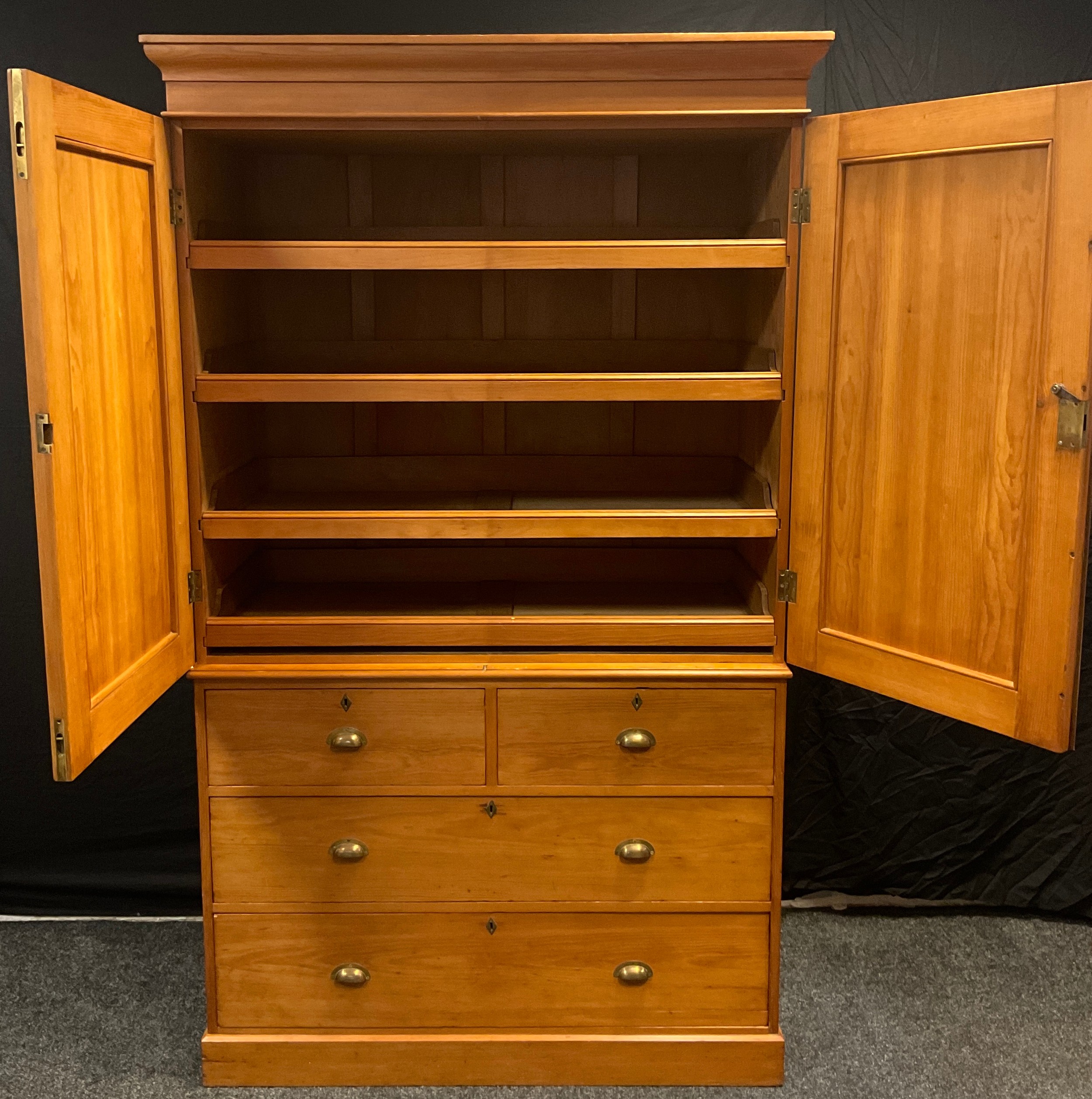 A Victorian pine Linen Press, having moulded cornice with pair of panelled cupboard doors to top - Image 2 of 3