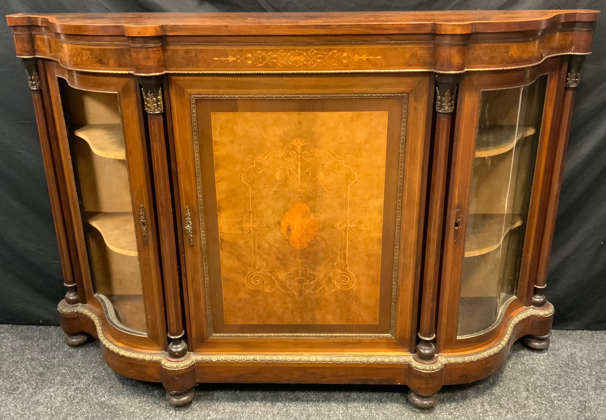 A Victorian gilt-metal mounted walnut and marquetry side cabinet, shaped serpentine moulded top - Image 2 of 2