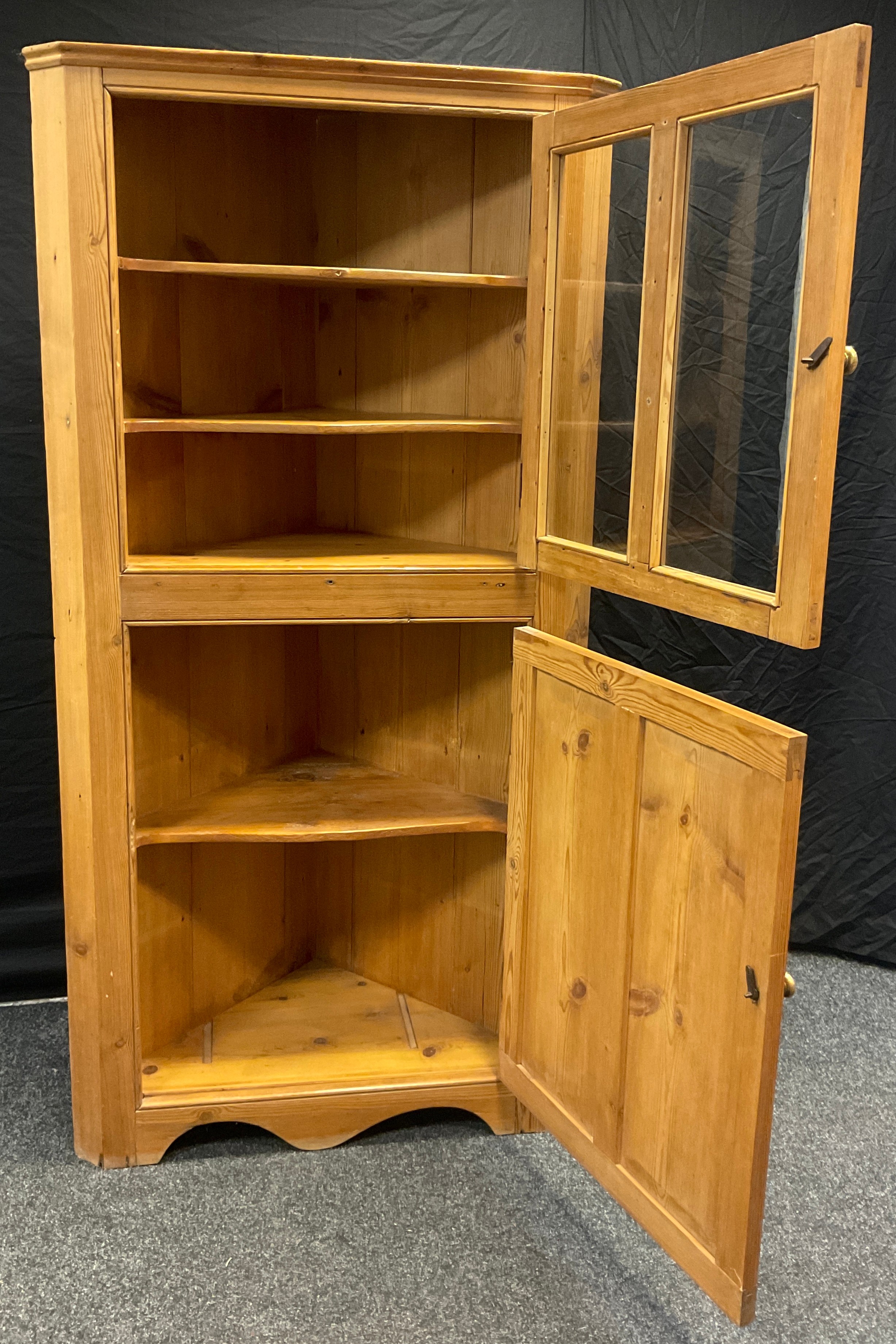 A Victorian pine floor-standing corner cupboard, glazed door to top, and two-panel pine door to - Image 2 of 2